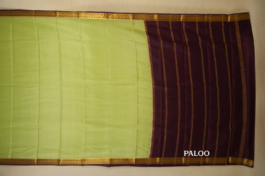Pista Green with Burgundy Maroon Borders Mysore Silk Saree paloo