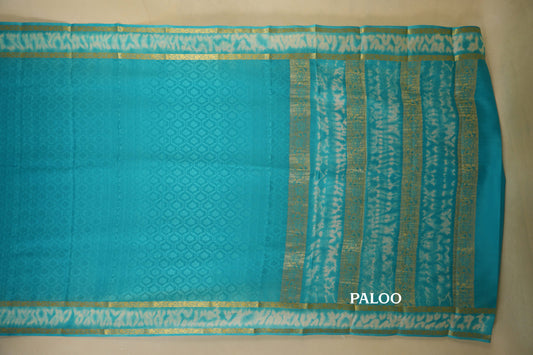 Sea Blue with Sea Blue/White Borders Mysore Silk Saree paloo