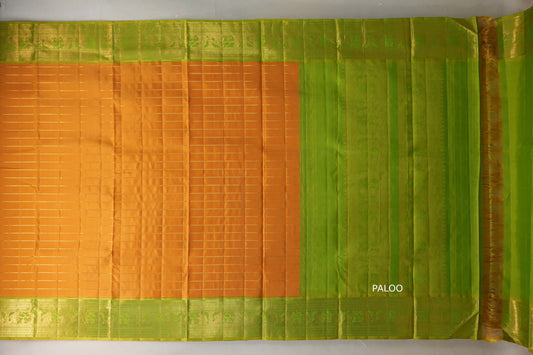 Mango yellow with Bright leaf green borders Ten Yards Silk Saree SS9558