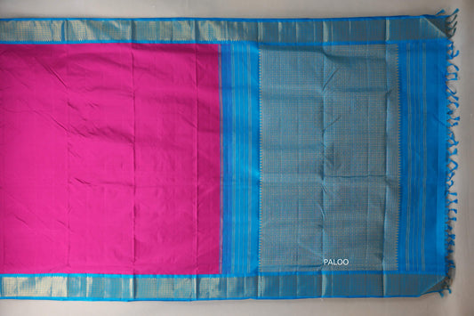 Bright Rani Pink with aqua blue borders Ten Yards Silk Saree SS9565