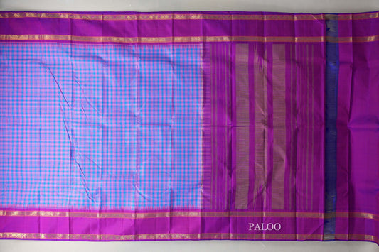Sky Blue with Pink Checks with Rettai Pettu Borders Vintage Kanjivaram Silk Saree paloo