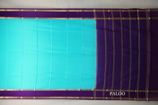 Aqua Blue with Deep Purple Borders Mysore Silk Saree paloo