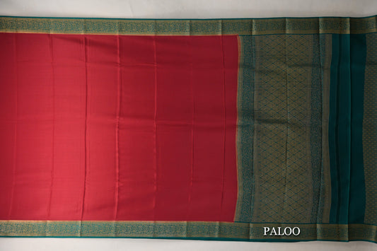 Deep Red with Teal Green Borders Mysore Silk Saree paloo