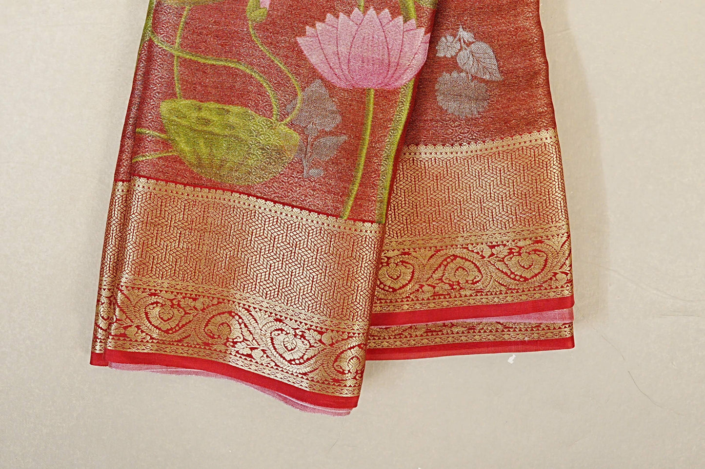 Dual Tone Red with Antique Gold with Red Borders Mysore Silk Saree border zoom