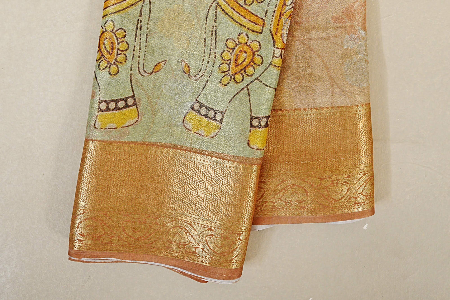 Dual Tone Pastel Mint Green with Antique Gold Mysore Silk Saree border zoom