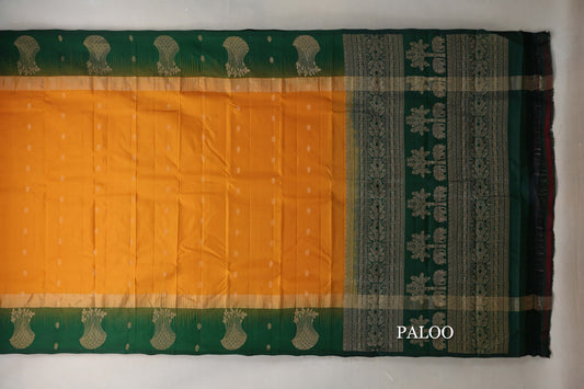 Mango Yellow with Deep Bottle Green Borders Light Weight Kanjivaram Silk Saree paloo