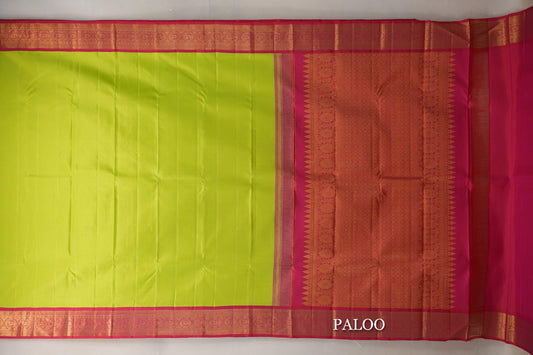 Parrot Green with Rani Pink Borders Vintage Kanjivaram Silk Saree paloo