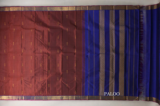 Coffee Bean Brown with Deep Blue with Deep Magenta Selvedge Borders Vintage Kanjivaram Silk Saree paloo