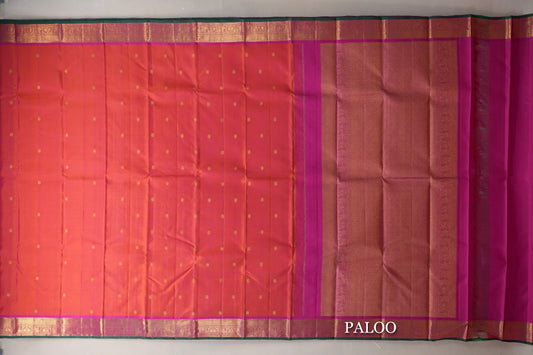 Dual Tone of Orange & Pink with Bright Pink Borders Vintage Kanjivaram Silk Saree paloo