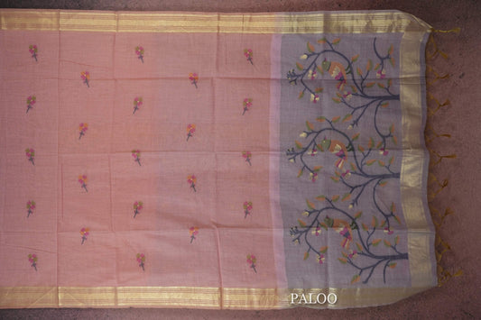 pink semi tussar Silk Sare paloo