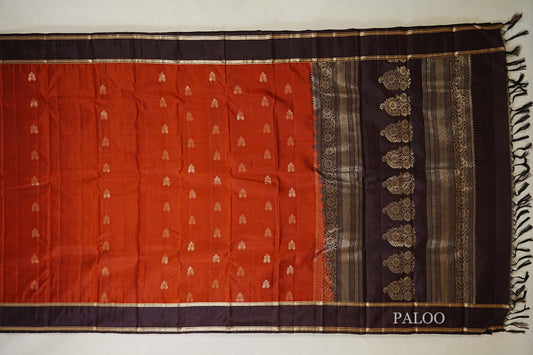 Reddish Rust with Dark Brown Borders Light Weight Kanchipuram Silk Saree paloo