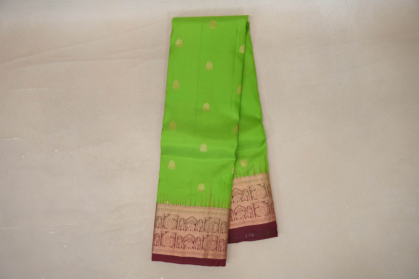 Parrot green with Deep Maroon borders Light Weight Kanchipuram Silk Saree