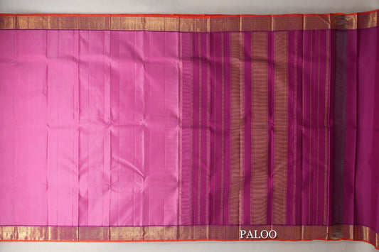 Dusty Rose Pink with Deep Magenta with Deep Orange Selvedge Borders Vintage Kanjivaram Silk Saree paloo