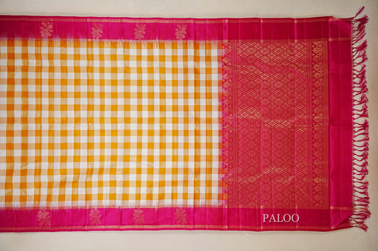 Mustard Orange and Off White Checks Light Weight Kanchipuram paloo