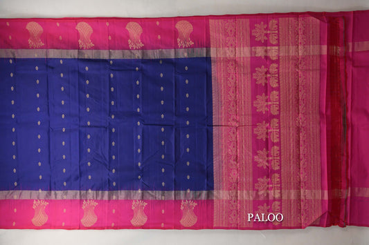 Deep Blue with Bright Pink Borders Light Weight Kanjivaram Silk Saree paloo