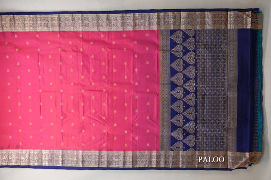 Orangish Pink with Deep Blue Borders Light Weight Kanjivaram Silk Saree paloo