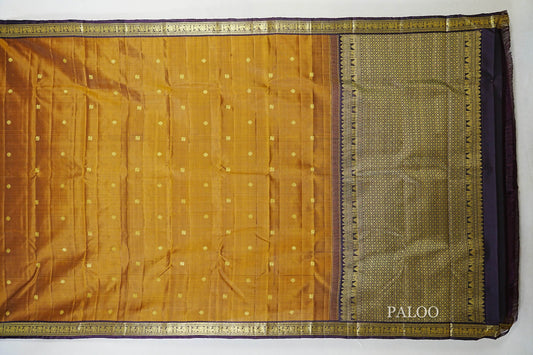 Antique Mustard with Brown with Deep Plum Borders Vintage Kanjivaram Silk Saree paloo