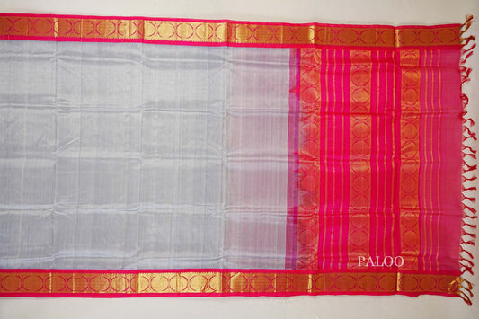 Silver Grey with Rani Pink Borders Silk Cotton Saree paloo