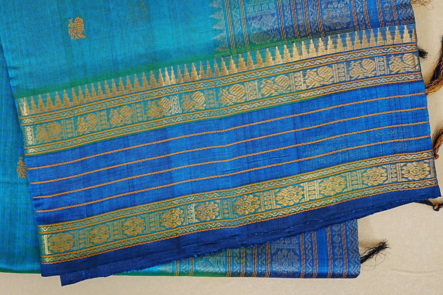 peacock blue silk cotton saree borders zoom