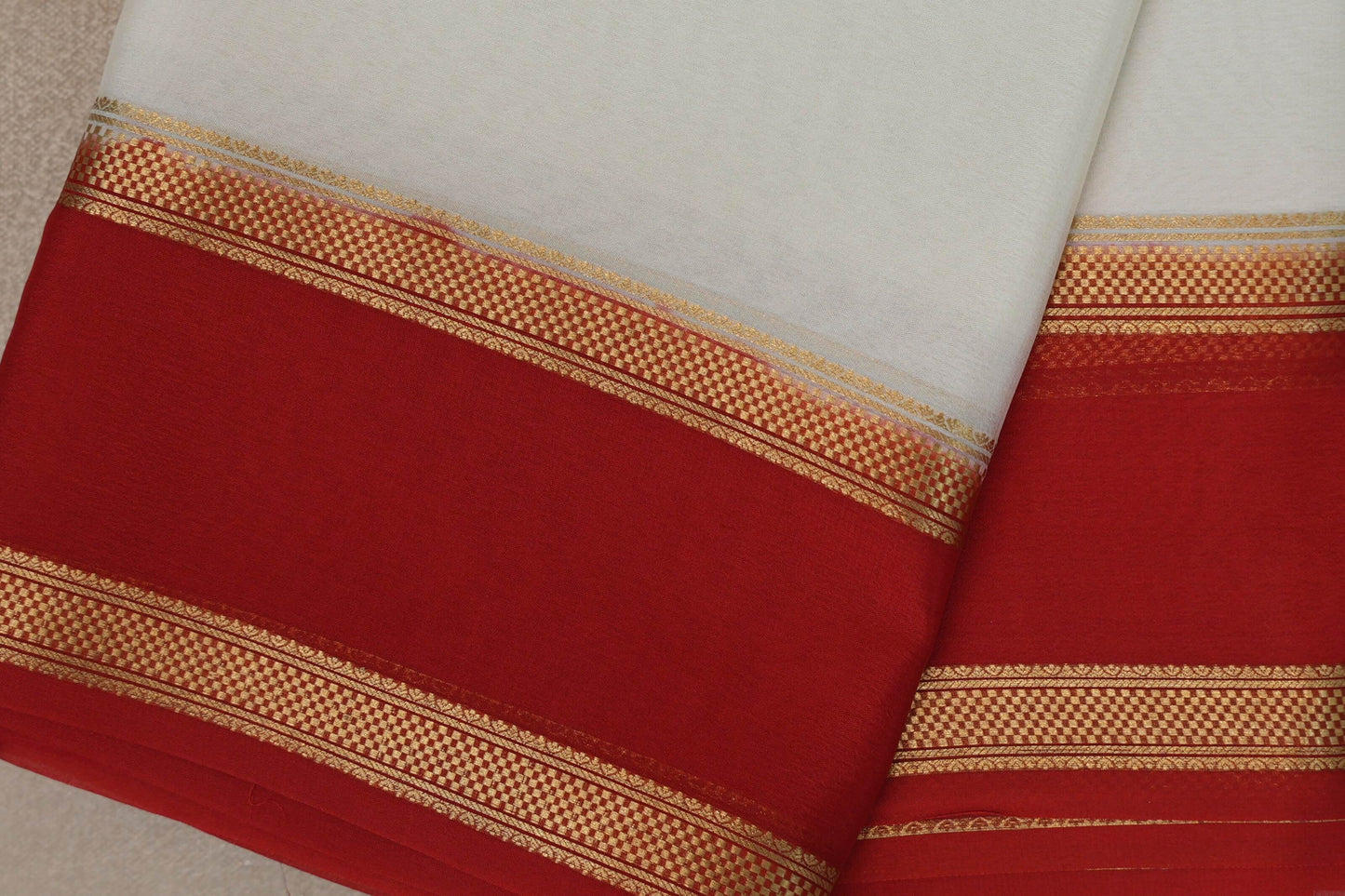 Ivory White with bright red borders Mysore Silk Saree SS9757