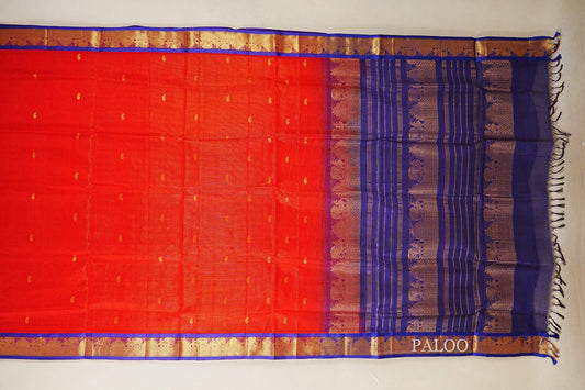 Bright Red with Deep Blue Borders Vaira Oosi Silk Cotton Saree paloo