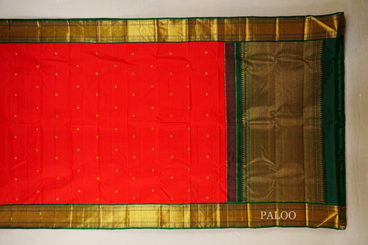 Bright Red with Bottle Green Borders Vintage Kanjivaram Silk Saree paloo