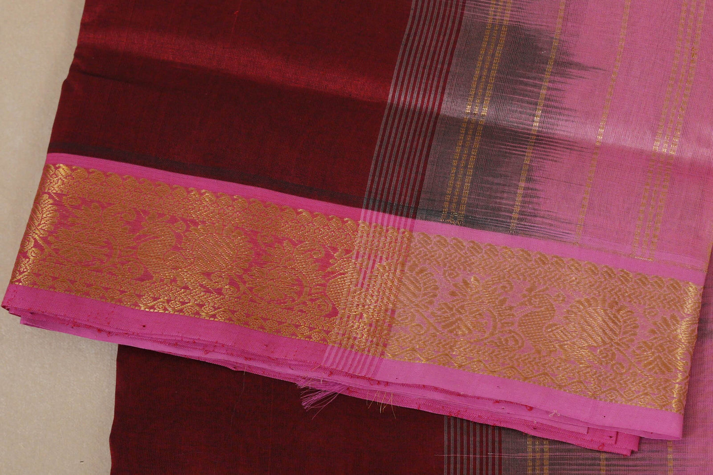 Reddish Maroon Vegan Silk Cotton Saree border zoom