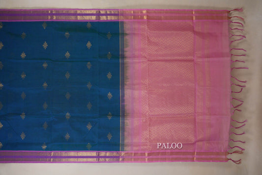 Peacock Blue Vegan Silk Cotton Saree paloo
