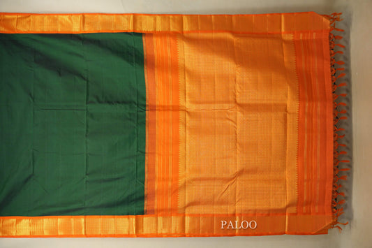 Deep Bottle Green with Bright Orange Borders Ten yards silk saree paloo