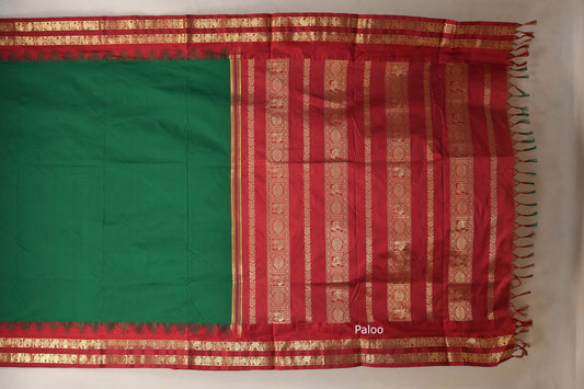 Bottle green with Reddish maroon borders Ten yards silk saree paloo
