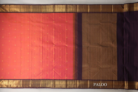 Dual Tone of Orange & Pink with Deep Plum Borders Plant Based Kanjivaram Silk Saree paloo