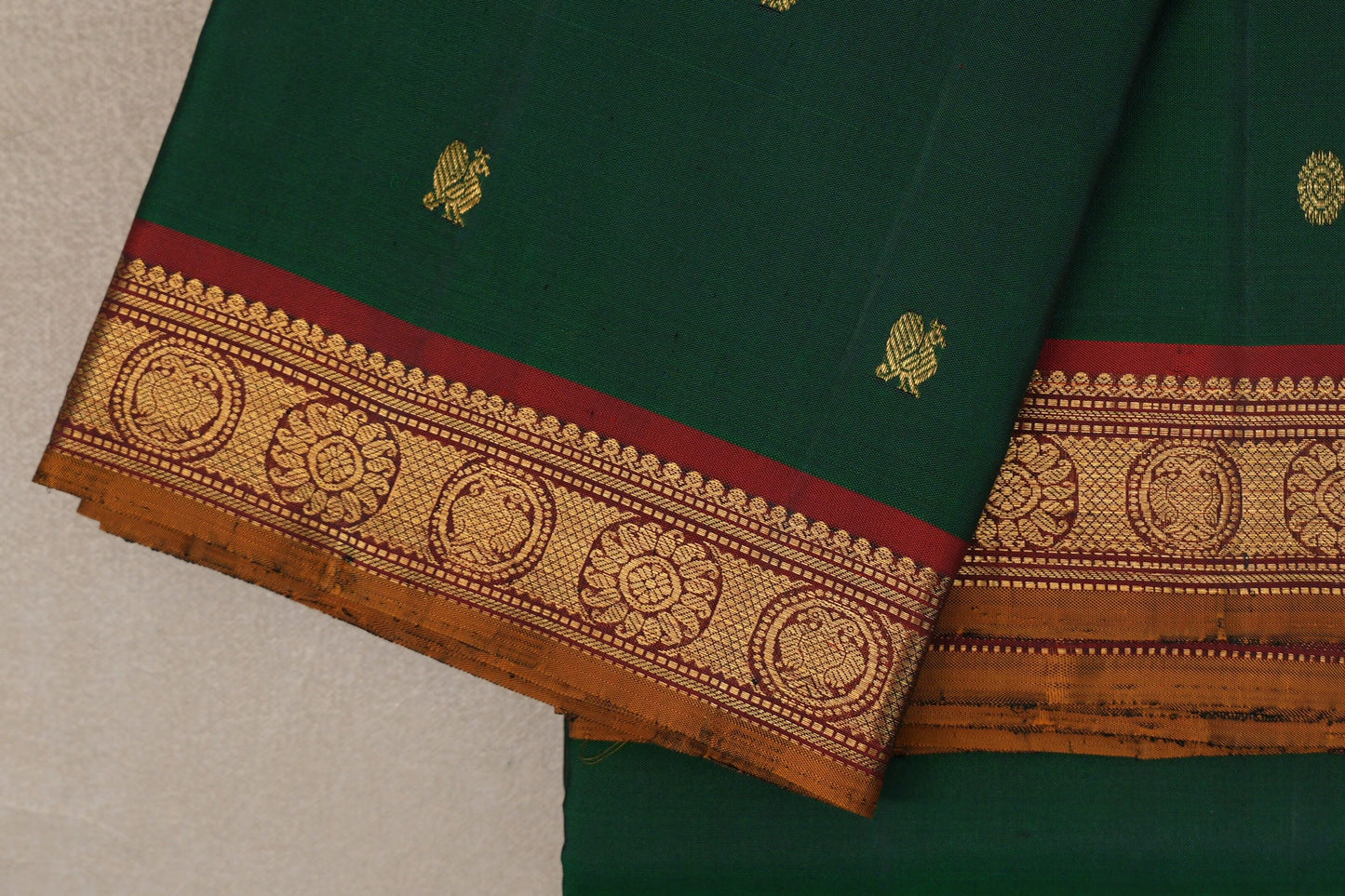 Bottle Green with Reddish Maroon Mustard Oil Selvedge Borders Vintage Kanjivaram Silk Saree body