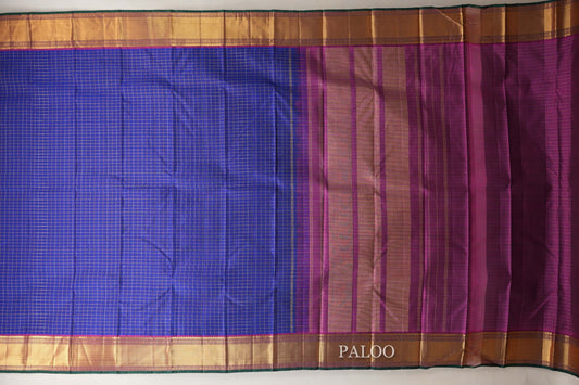 Deep Blue with Deep Magenta Borders and Green Selvedge Zari Checks Vintage Kanjivaram Silk Saree SS8705