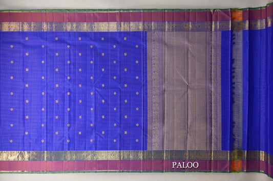 Royal Blue Zari Checked with Orange And Blue with Green Selvedge Borders Vintage Kanjivaram Silk Saree paloo