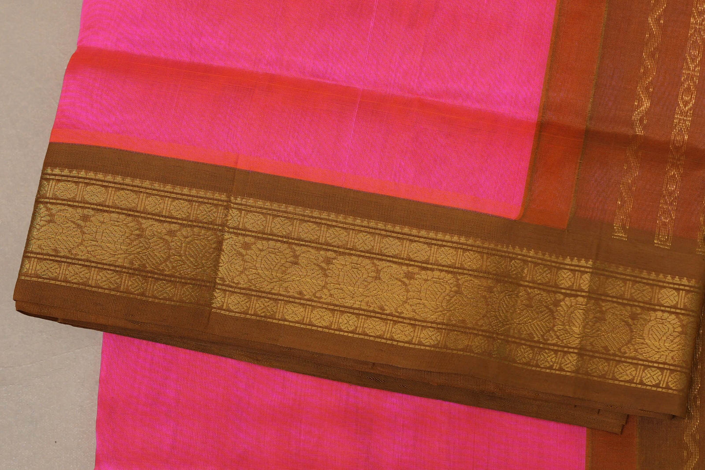 Bright Orangish Pink Silk Cotton Saree border zoom