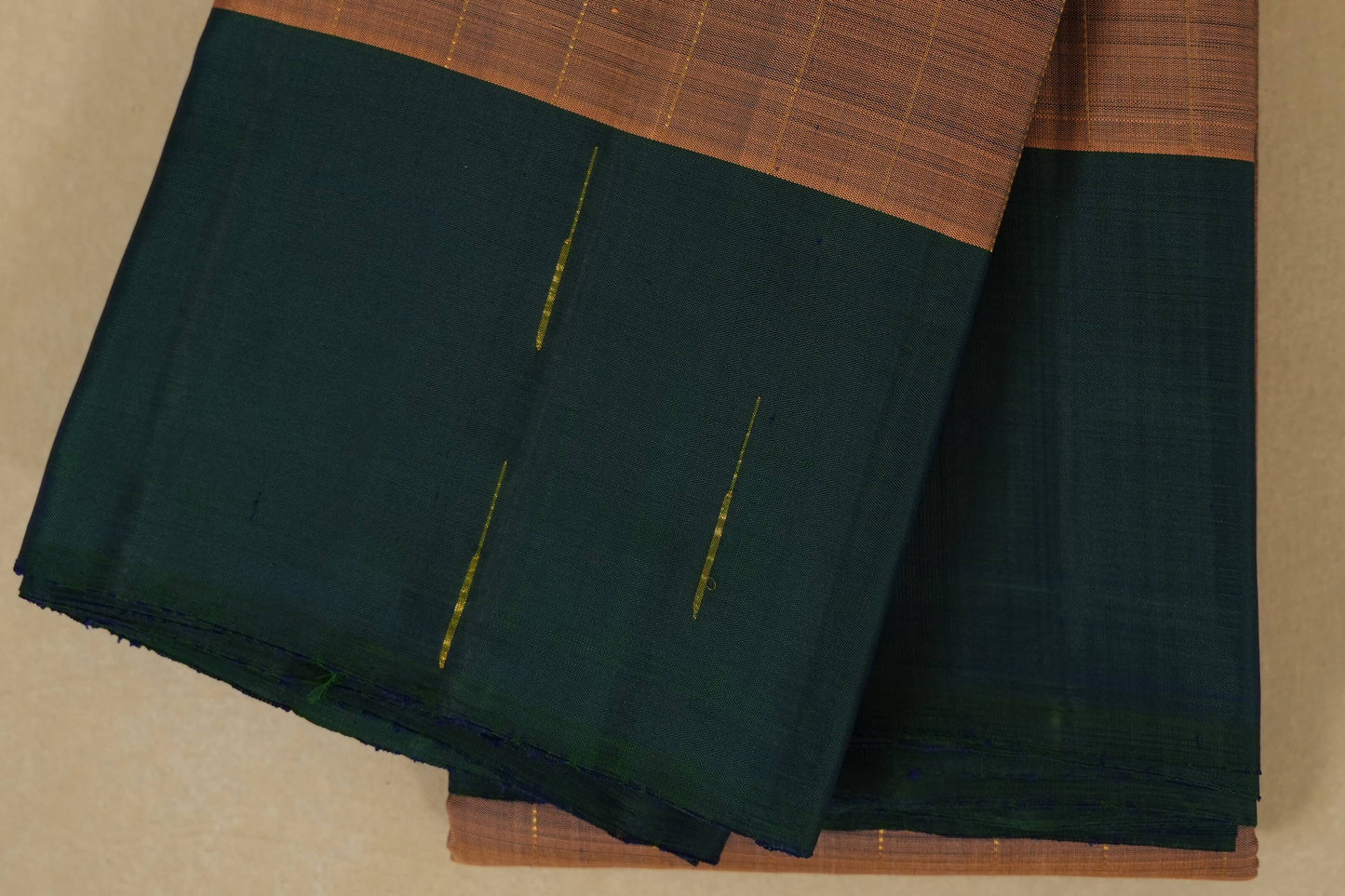 Biscuit Colour Kanjivaram silk Saree with Bottle Green Borders