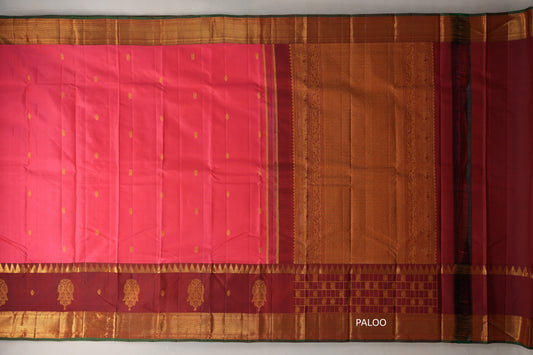 Orangish Pink with Deep maroon Borders Vintage Kanjivaram Silk Saree paloo