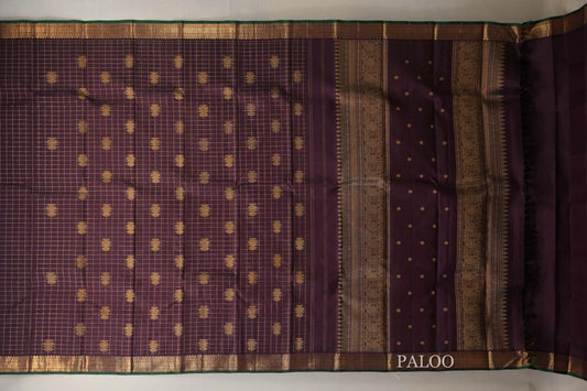 Deep Plum Brown with Green Selvedge Heirloom Kanjivaram Silk Saree paloo