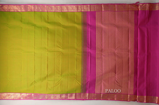Dual Tone of Yellow & Green with Rani Pink Borders Vintage Kanjivaram Silk Saree paloo