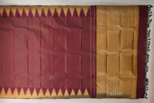 Deep Maroon Vaira Oosi with Temple Borders Vintage Kanjivaram Silk Saree paloo