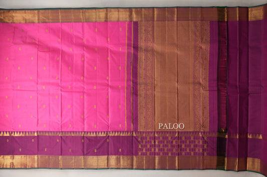 Bright Pink with Deep Magenta Rettai Pettu Borders Vintage Kanjivaram Silk Saree paloo