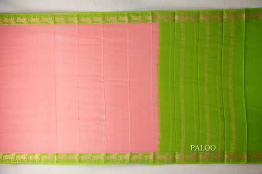 Peach Pink with Parrot Green Borders Mysore Silk Saree paloo