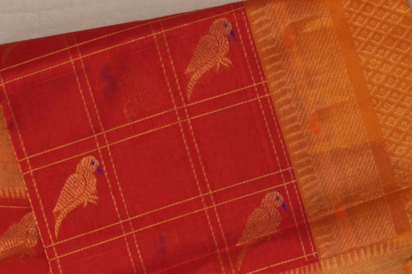 Tomato red with Mustard Orange Borders Vintage Silk Cotton Saree body