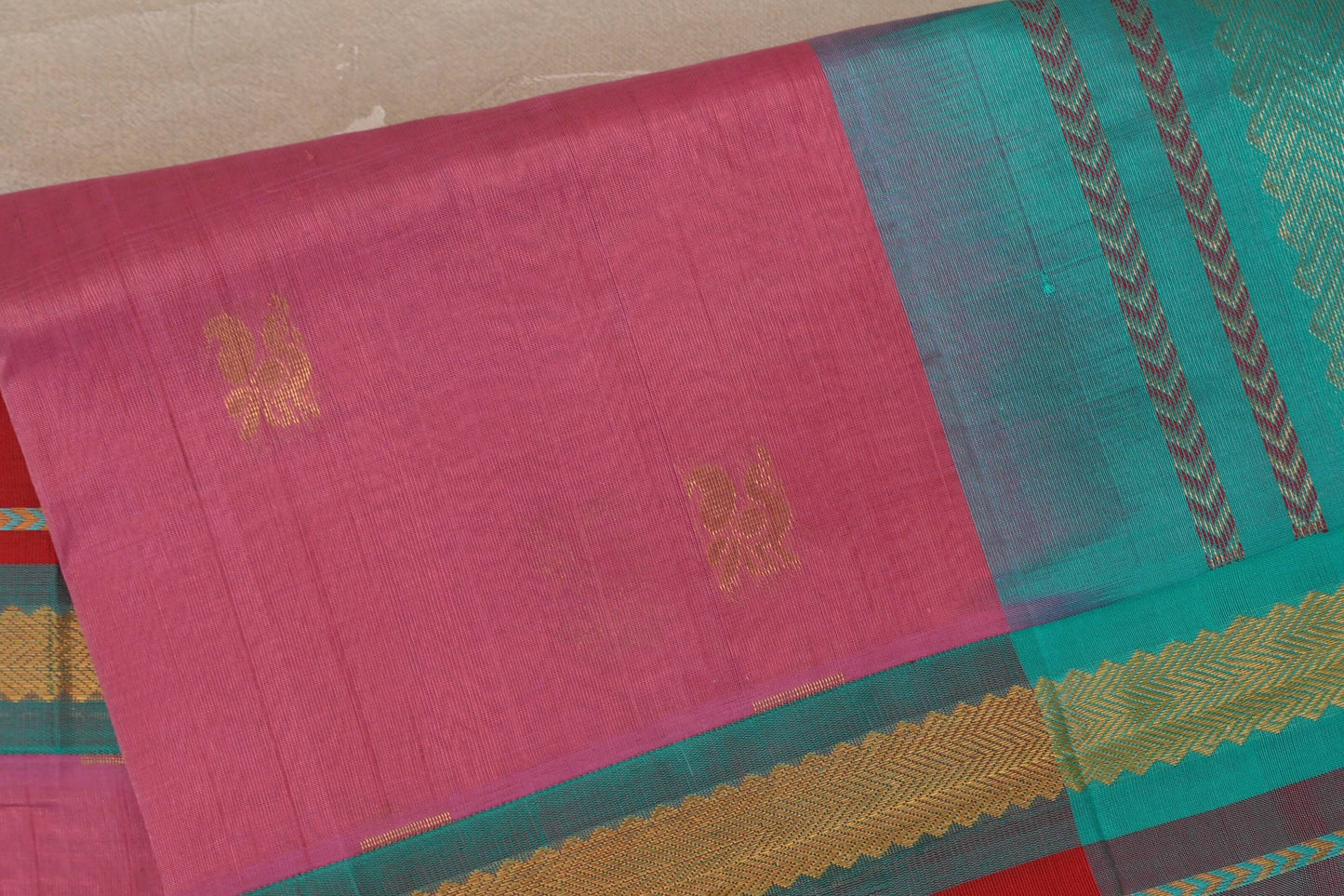 Onion pink with Rama Green Borders Vintage Silk Cotton Saree body