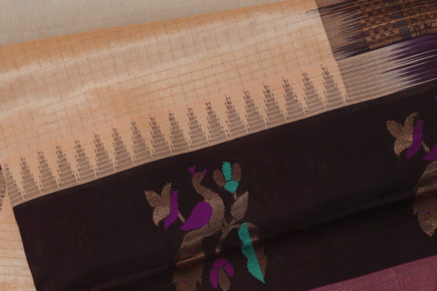 Sandal cream with Deep Coffee Brown Borders Vintage Silk Cotton Saree body