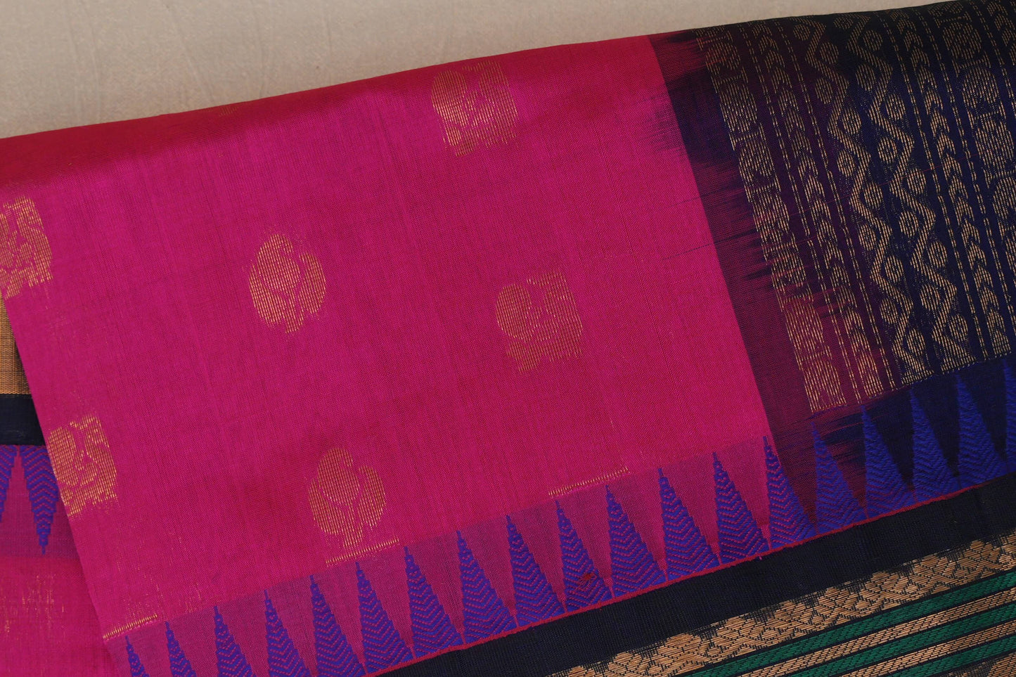 Bright rani pink with Deep Navy Blue Borders Vintage Silk Cotton Saree SS9960
