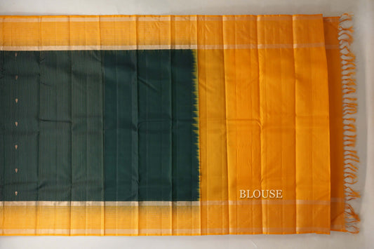 Dark Bottle Green with mustard yellow Borders Light Weight Kanchipuram Silk Saree blouse
