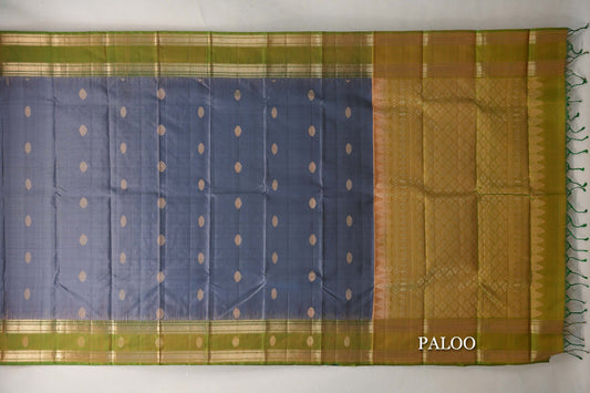 Steel Grey with Dual Tone of Green and Yellow Borders Soft Silk Saree paloo