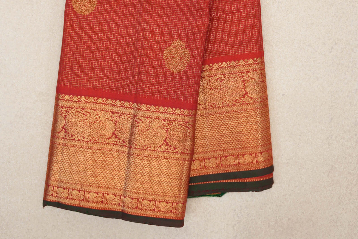 Bright Red Zari Checks Vintage Kanjivaram Silk Saree border
