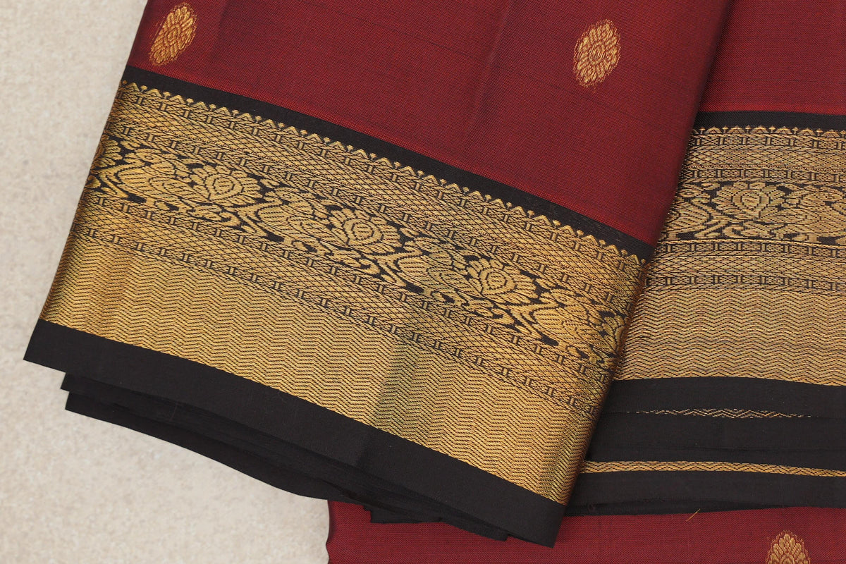 Dark Cherry Red with Kanjana Brown Borders Vintage Kanjivaram Silk Saree border